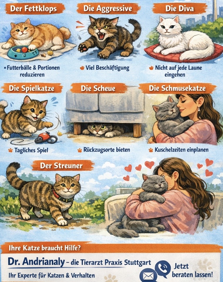 Dr. Andrianaly – die Tierarzt Praxis Stuttgart: Diese sieben Katzentypen sollten Sie kennen Katzen sind eigenwillig, faszinierend und unglaublich unterschiedlich. Während die eine Samtpfote jede Streicheleinheit genießt, verschwindet die andere beim kleinsten Geräusch unter dem Sofa. Wer seine Katze wirklich versteht, kann ihr nicht nur ein besseres Leben bieten, sondern stärkt auch die Bindung nachhaltig. Dr. Andrianaly – die Tierarzt Praxis Stuttgart erklärt, welche sieben Katzentypen Sie kennen sollten und wie Sie optimal auf deren Bedürfnisse eingehen.