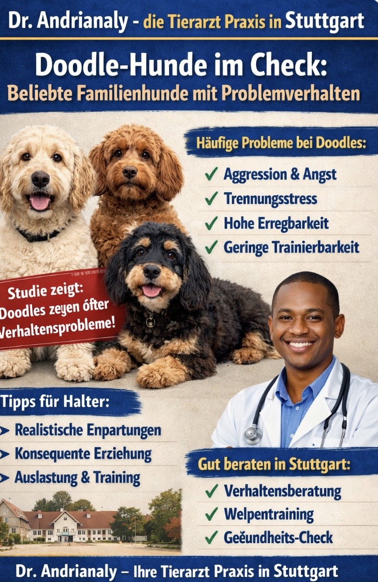 Dr. Andrianaly – die Tierarzt Praxis in Stuttgart: Doodle-Hunde im Check – Was Halter jetzt wissen sollten Doodle-Hunde wie Labradoodle, Cockapoo oder Cavapoo gelten als ideale Familienhunde – freundlich, verspielt und leicht erziehbar. Doch aktuelle wissenschaftliche Erkenntnisse zeichnen ein differenzierteres Bild. Dr. Andrianaly – die Tierarzt Praxis in Stuttgart informiert Tierhalter aus Stuttgart und Umgebung über neue Studienergebnisse und gibt wichtige Hinweise für den verantwortungsvollen Umgang mit beliebten Pudelmischlingen.
