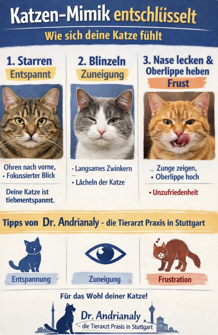 Katzen-Mimik entschlüsselt – So verstehst du deine Katze richtig: Tipps von Dr. Andrianaly - die Tierarzt Praxis in Stuttgart Ein Blick sagt mehr als tausend Worte – das gilt nicht nur für Menschen, sondern auch für Katzen. Doch was viele Tierhalter