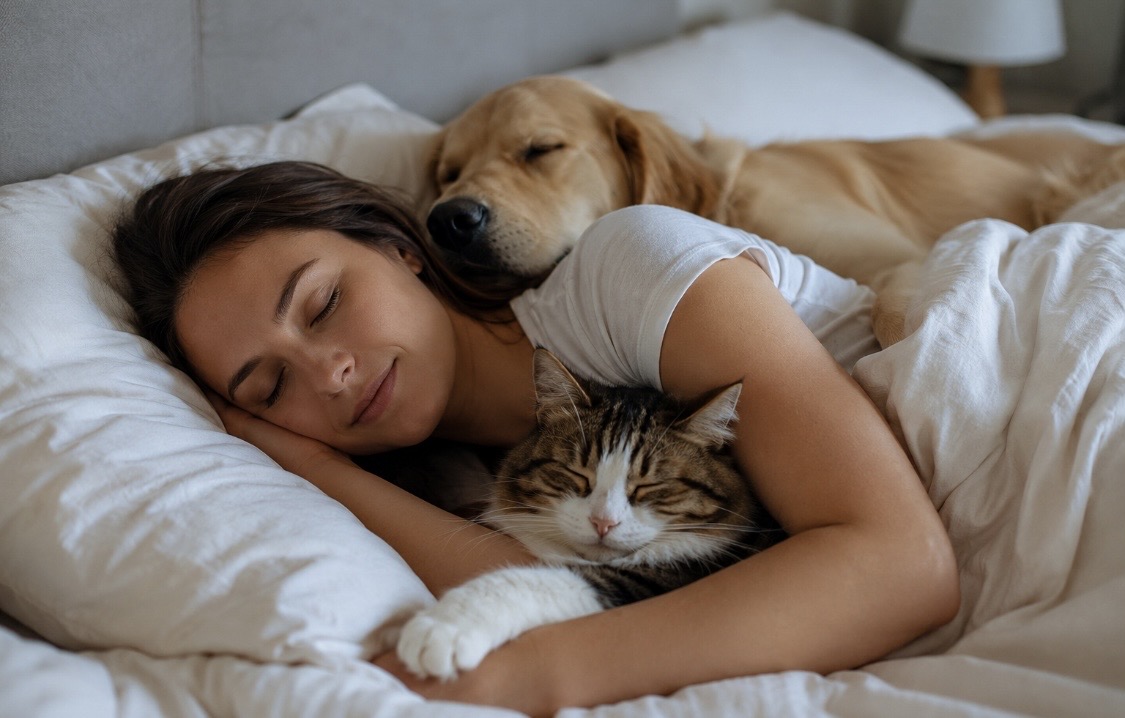 Hund und Katze mit im Bett? Nähe, die auch Menschen guttut | Tierarzt Stuttgart - Dr. Andrianaly Viele Tierhalter kennen die Situation: Kaum ist das Licht aus, springt der Hund oder die Katze ins Bett und sucht die Nähe ihres Menschen.